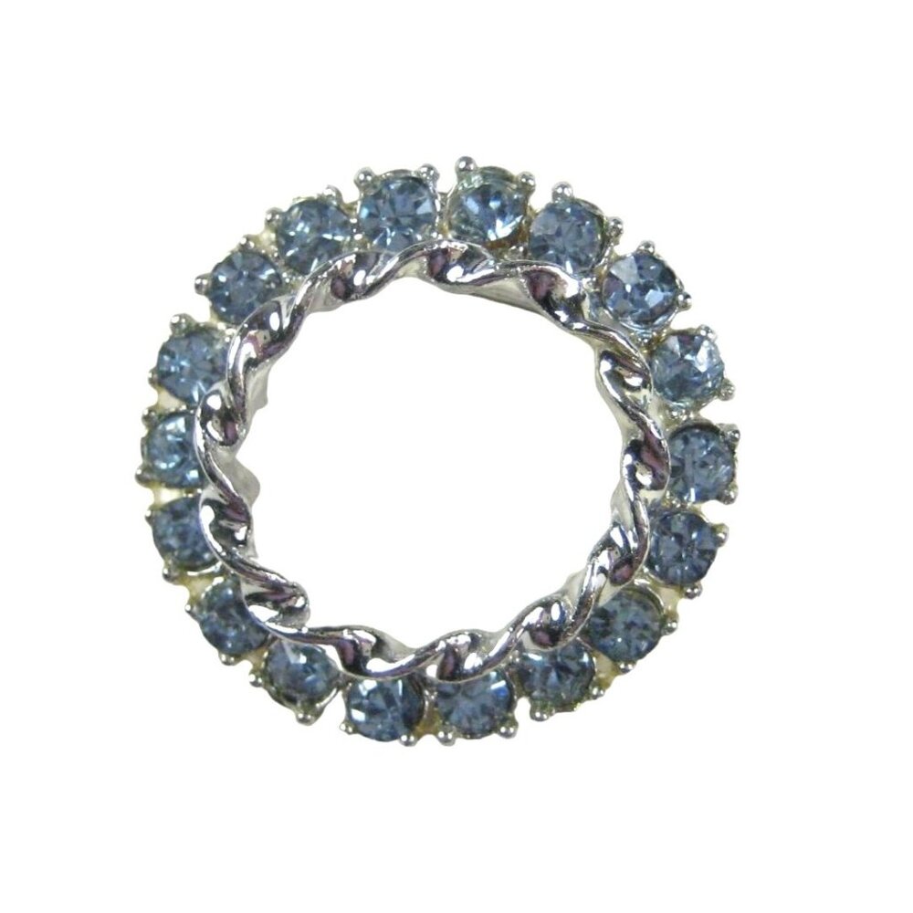 Vintage 1960 Silvertone Brooch Blue Rhinestones Circular Wreath Jewelry Pin